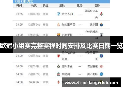 欧冠小组赛完整赛程时间安排及比赛日期一览