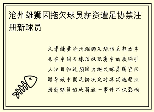 沧州雄狮因拖欠球员薪资遭足协禁注册新球员